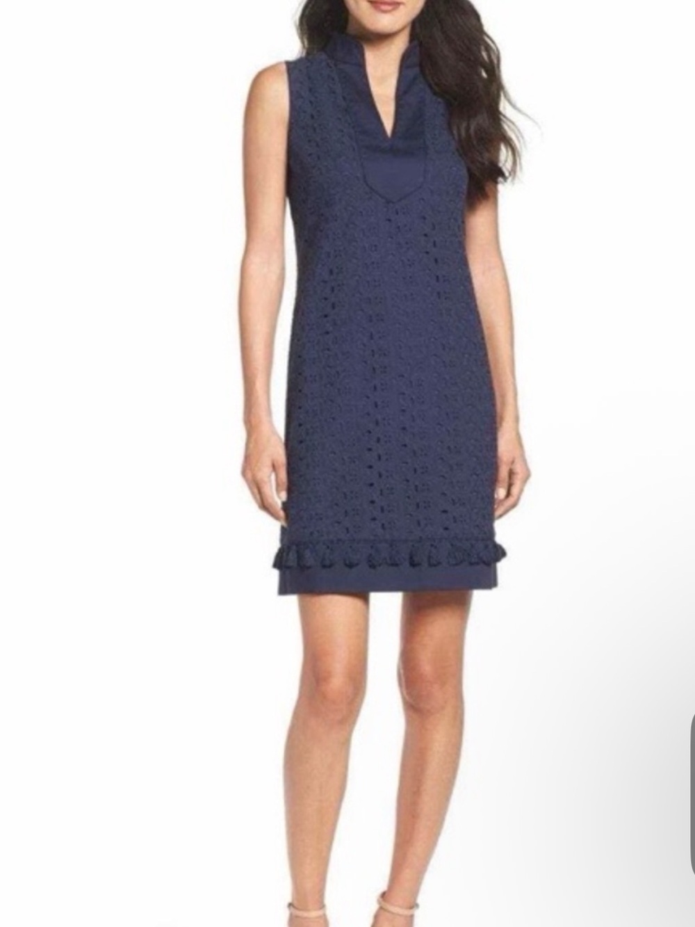 Eliza J Navy Eyelet Shift Dress with Ruffle Hem